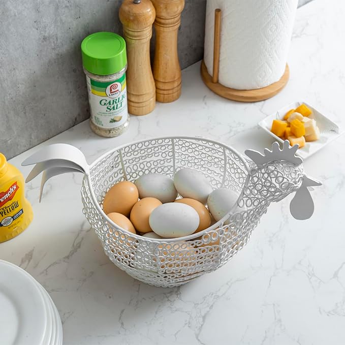 MyGift Modern Matte White Metal Wire Egg Storage Basket in Decorative Chicken Shaped Design, Farmhouse Container for Gathering Fresh Eggs and Easter Decor