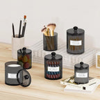 MateeyLife Qtip Holder 6 Pack, Acrylic Q-tip Dispenser for Cotton Pads, Swabs, Balls, Storage Containers for Organizing, Bathroom Canisters with Lid, Apothecary Jars Home Decor Accessories Set (Black)