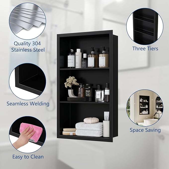 14x24 Recessed Medicine Cabinet, Medicine Cabinet No Mirror, 304 Stainless Steel Medicine Wall Niche with 3-Tiers Shelves, Matte Black