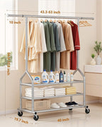 EAGMAK Heavy Duty Clothes Rack Load 686 LBS, Rolling Clothing Rack with 3 Shelves, Height Adjustable Metal Coat Rack, Portable Garment Closet Wardrobe Organizer with Wheels for Hanging Clothes, Silver