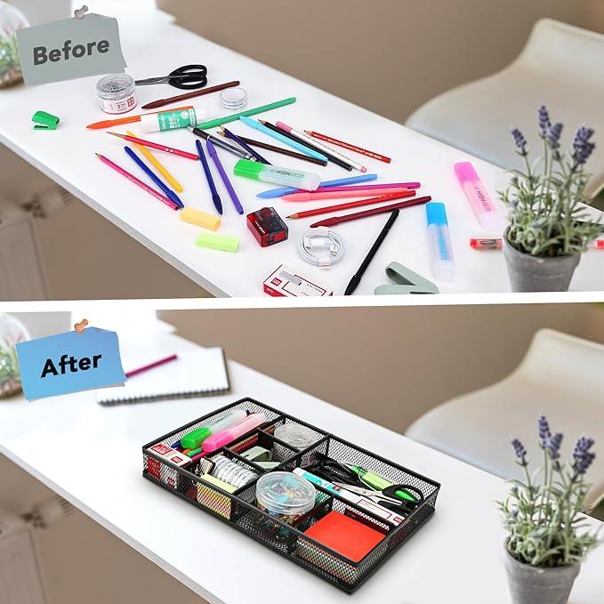Desk Drawer Organizer Tray,Drawer Organizer for Office and Home,Desk Organizer with Drawers,7 Compartments,Non-Slip Desk Organizers (Black, 12.3" L x 8.3" W x 1.8" H)