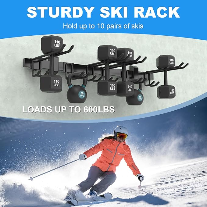 Ski Rack Wall Mount,10 Pairs Ski Holders for Wall with Movable Rubber-Coated Hooks for Garage Storage Organizer System,Snowboard Wall Mount for Garage and Home Shed, Holds Up to 600lbs