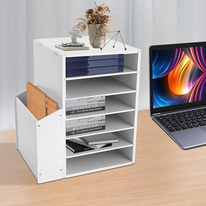 Literature Organizers With Side Storage cabinet, 6 Compartments Office Mailbox with Adjustable Shelves, PVC Board Literature Sorter for Office, Home, Classroom, Mailrooms Organization, White