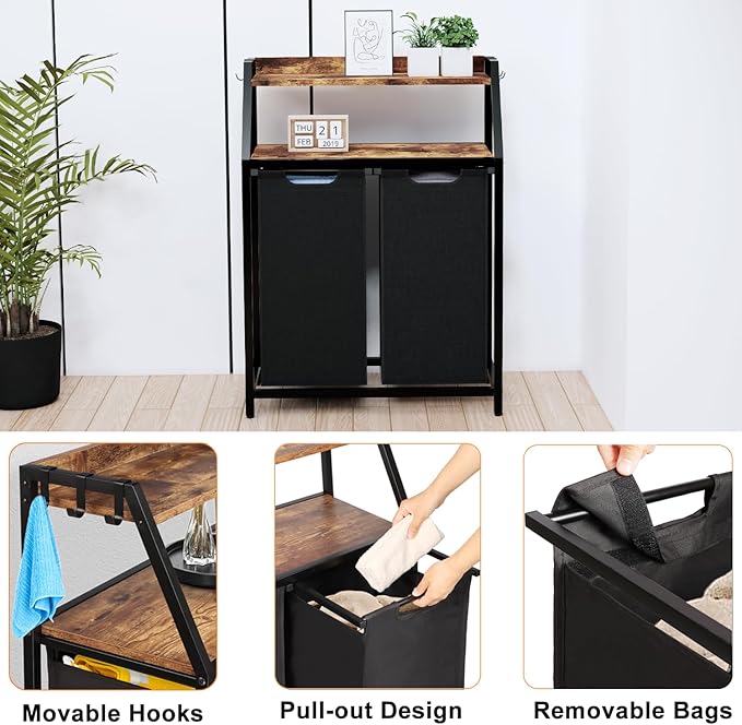 Laundry Hamper, Laundry Sorter 2 Section, Rolling Laundry Basket with Wheels, 2 Shelves, 2 × 14.5 Gal, Pull-Out and Removable Oxford Fabric Bags, for Laundry Room,Black and Rustic Brown