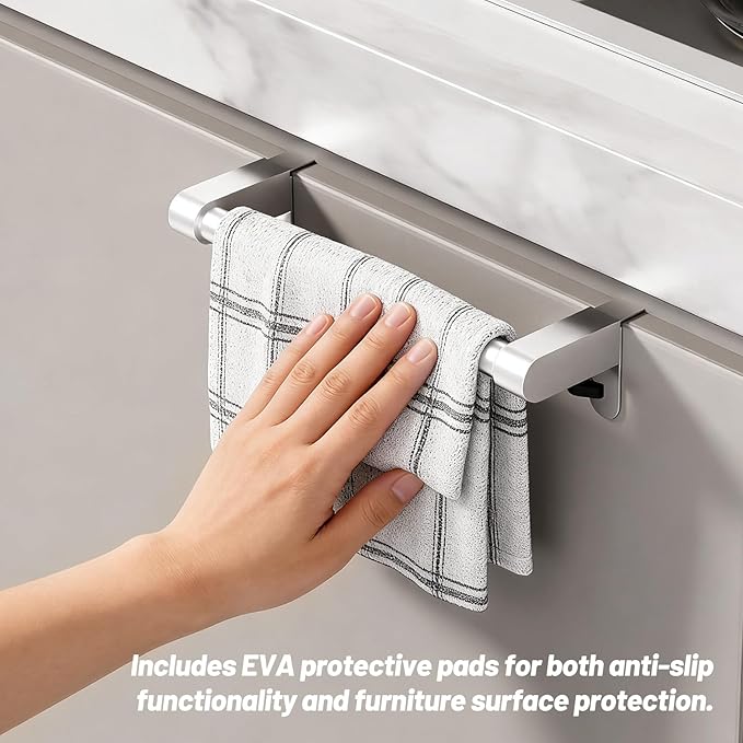 VEHHE Kitchen Towel Holder, Hand Screwed Telescopic Kitchen Towel Rack, Stainless Steel Adjustable Length and Width Over The Cabinet Door Towel Rack with EVA Foam Pad (Silver)