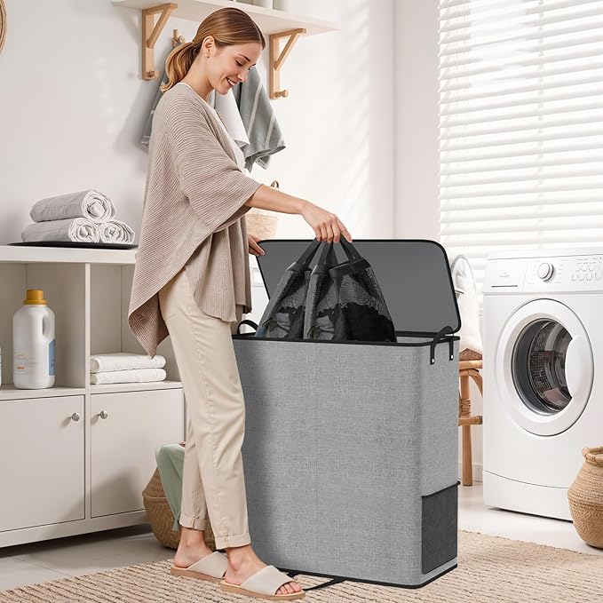 Large Double Laundry Hamper with Lid, Removable Bags & Reinforced Handles, 2 Section Tall Laundry Basket, Dirty Clothes Hampers for Laundry Room, Bedroom, Bathroom, Dorm, 136L, Gray