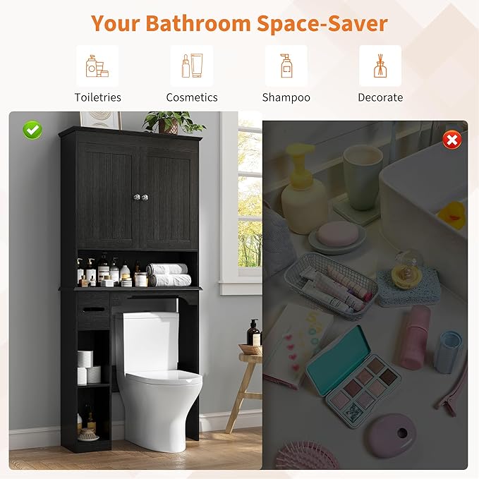 GAOMON Over The Toilet Storage Cabinet, Bathroom Shelf Organizer with Anti-Tip Device Small Freestanding Space Saver with Adjustable Shelf