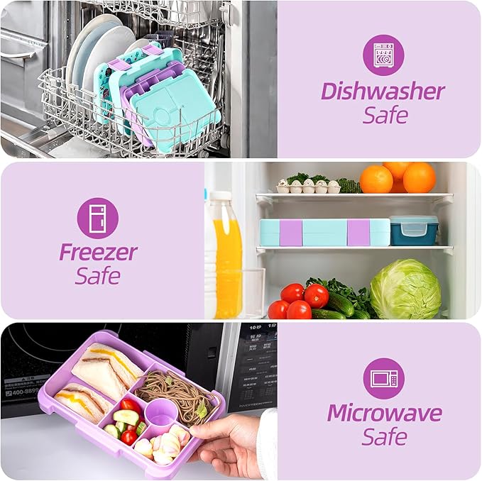 Bento Lunch Box for Kids, 6 Compartments BPA Free, Dishwasher Safe Back to School Snack Bento Lunch Containers Boxes, Ideal Portion Sizes for On-the-Go Meal, Ages 3+, School, Green Patterned