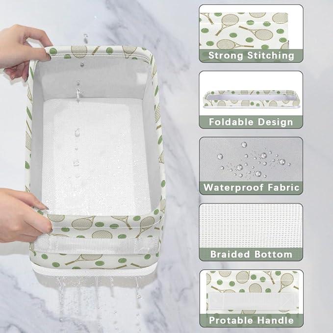 Tennis Racket Bathroom Basket Foldable Toilet Tank Topper Paper Basket Waterproof Fabric Storage Organizer Bins Decorative Open Storage for Home Closet Containers Cabinet Set of 2