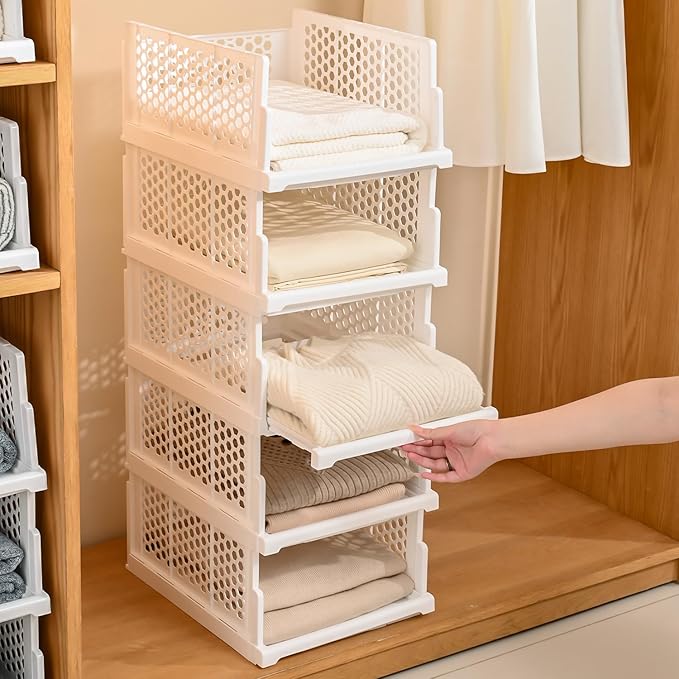 Pull-out Plastic Storage Basket,Stackable Closet Organizers Drawer Anti-Tipping, Reinforced Stable Shelf Container for Bathroom Laundry Room Storage, Space-Saving Clothes Storage (White, 4L)