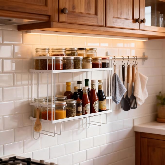Bathroom Organizer Shelf - Over The Toilet Storage Rack, 2-Tier Floating Shelves with Hooks, No-Drill, Toilet Paper Holder for Restroom Bathroom Vanity Kitchen (White, 2 Tier)