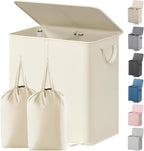 Lifewit Double Laundry Hamper with Lid and Removable Laundry Bags, Large Collapsible 2 Dividers Dirty Clothes Basket with Handles for Bedroom Laundry Room Closet Bathroom College, 136L Ivory White
