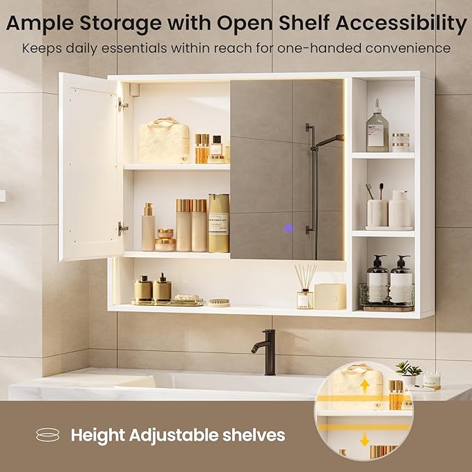Hasuit Lighted Medicine Cabinet with Mirror and Shelves, Modern Bathroom Medicine Cabinet with Open Storage, Aluminum Channel LED Lights, 39.4'' x 30.7'', White