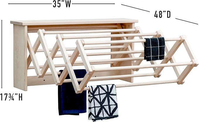 Pennsylvania Woodworks Extra Large Wall Clothes Drying Rack ~ Heavy Duty Solid Maple Hardwood, Folding, Collapses to 35" x 20" x 8", Hand Built in USA, Unfinished