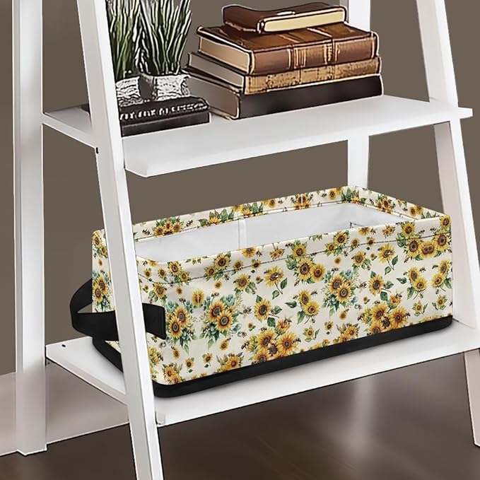 Multi-purpose Storage Basket Small Storage Bins Collapsible Rectangular Toilet Paper Basket Organizer for Bathroom Bedroom Kitchen Office Organization, Sunflower Bee
