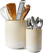 Utensil Holder, 7.3"+5.3" Ceramic Cooking Utensil Holder for Kitchen Counter, Kitchen Utensil Holder for Countertop, Farmhouse Heavy Large Utensil Crock Organizer for Spatulas, Spoons, Beige