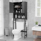 Tangkula Over The Toilet Storage Cabinet, Bathroom Space Saver Organizer with 2 Doors, Metal Stand, 2 Side Hooks, Freestanding Above Toilet Storage Cabinet for Restroom Laundry (Black)