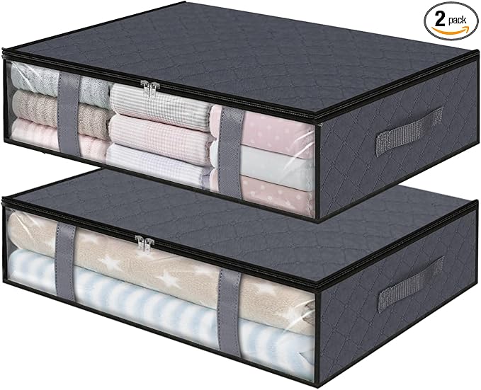 StorageRight Under Bed Storage Bags 2 Pack, 40L Large Clothes & Comforter Storage Containers with Clear Window, Breathable Fabric Organizer for Blankets, Bedding, Seasonal Clothing, Grey