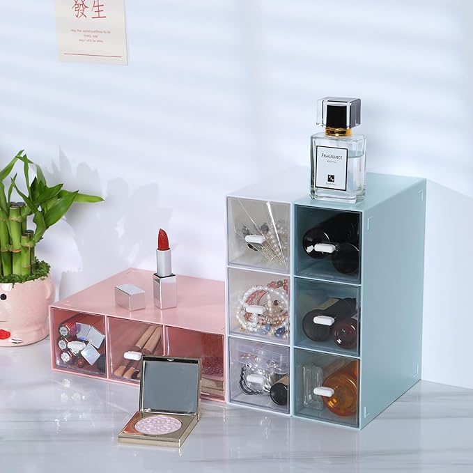 Desktop Drawers, Desk Organizer with 9 Drawers, Stackable Plastic Storage Box for Home Collection, Cosmetics, Jewelry, Office Supplies (3 Tiers, Mixed Colors)