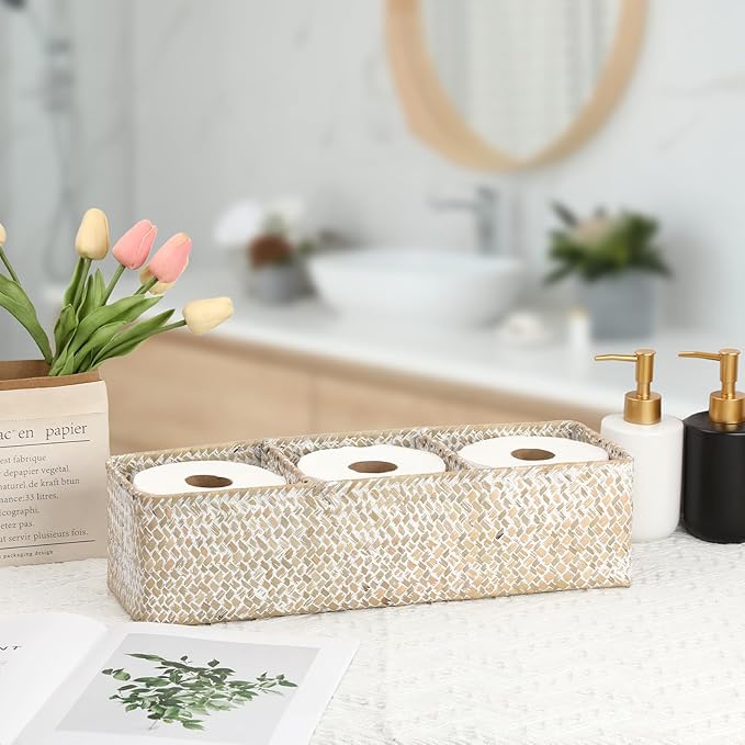 Hipiwe Handwoven Seagrass Storage Basket 3 Sections Toilet Tank Paper Basket Wicker Shelf Basket for Pantry Kitchen Living Room Home Decor, Whitewash