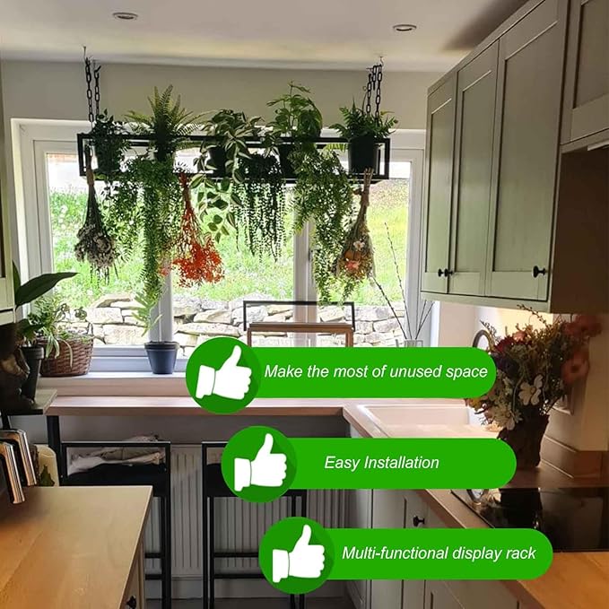 Metal Ceiling Plant Shelf with Ceiling Iron Chain Ceiling Mounted Storage Racks/Shelving for Bars Restaurants Kitchens - Decor Stand/Floating Organizer Shelves(140x25x15cm)
