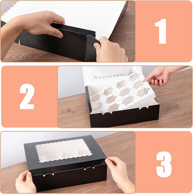 12 Count Cupcake Boxes, 4PCS Cupcake Container with Window, Food Grade Cupcake Holder for Birthday Holiday Party, Bakery Supplies for Cupcakes, Desserts, and More (Black)