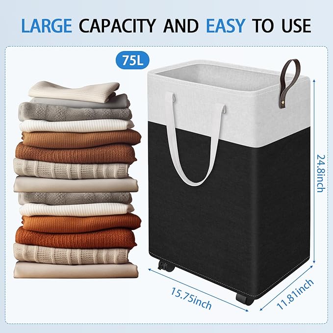 HomeHacks 75L Rolling Laundry Basket with Wheels, Collapsible & Waterproof Laundry Hamper, Mobile Clothes Hamper, Storage Laundry Bins with Handles for Laundry Room, Bedroom, Bathroom & Dorm, Black