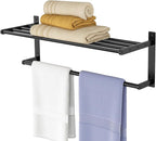 24 Inch Towel Racks for Bathroom, 2 Tire Bathroom Shelf with Towel Bar, Rustproof Wall Mounted Towel Rack SUS304 Stainless Steel, Bathroom Accessories Lavatory Towel Storage - Black