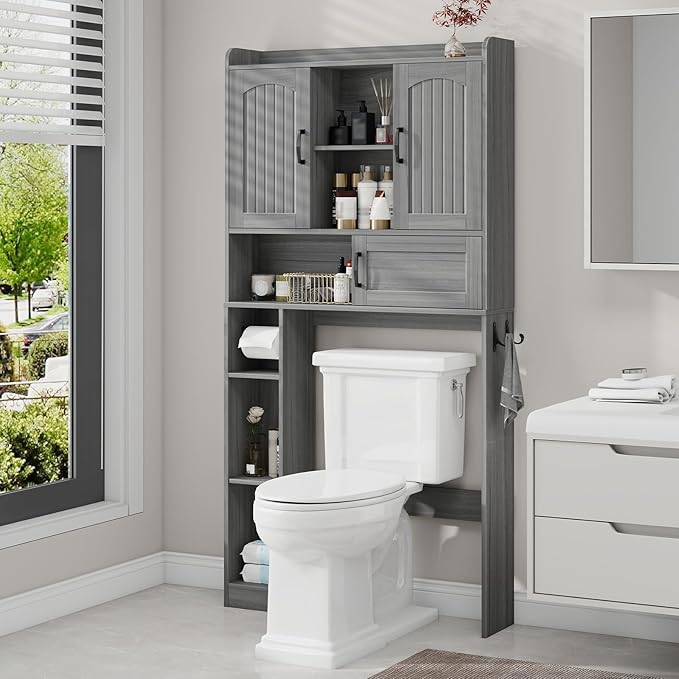 Vabches Farmhouse Over The Toilet Storage Cabinet with 2 Barn Doors & Sliding Door, Over The Toilet Bathroom Organizer with Open Storage Layer and Adjustable Shelves & Hooks.Grey