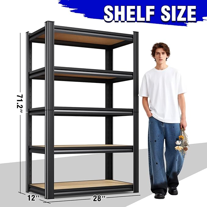 4 Pack Heavy Duty Garage Shelving - 1900 LBS Capacity 5-Tier Metal Storage Shelves, 71"H x 28"W x 12"D Adjustable Steel Utility Rack, Compact Storage Shelf for Pantry, Closet, Basement, Shed - Black