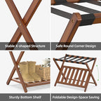 2 Pack Bamboo Luggage Rack for Guest Room, 26.77" Folding Wide Suitcase Stand with Storage Shelf, Thickened Luggage Stand Holder for Bedroom Hotel, Luggage Rack for Suitcases (Brown)