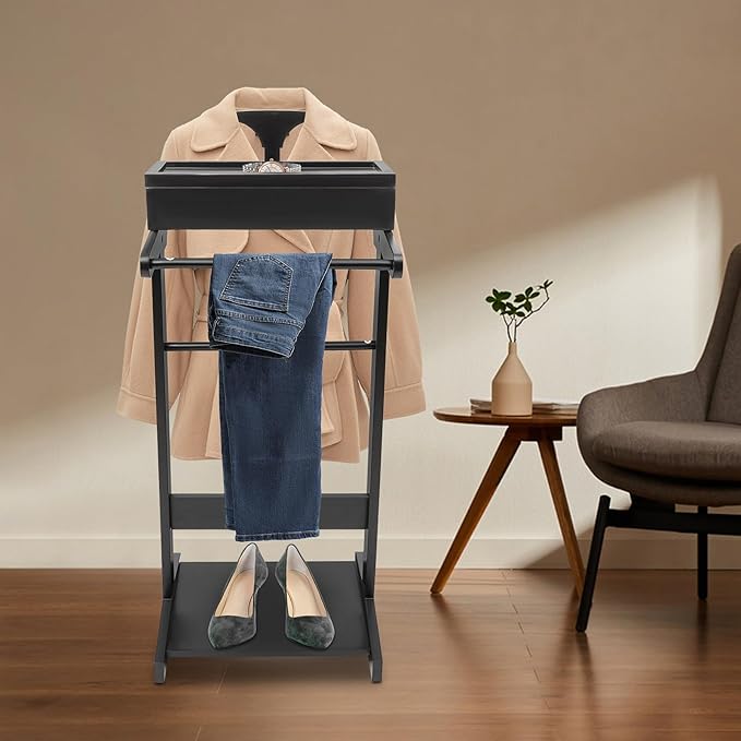 Wood Men Valet Stand, Freestanding Suit Stand with Top Tray, Valet & Suit Stands for Entryways, Living Rooms, Hallways,17.5 * 14.3 * 43.3in (Black)