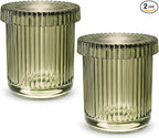 2 Pack Qtip Holder - Apothecary Jars with Lids, Bathroom Organizers and Storage Canister for Cotton Balls,Swabs,Floss Picks,Hair Ties,Clear Glass Vintage Bathroom Decor Jar Set (green2)