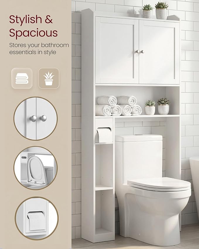 VASAGLE Over The Toilet Storage Shelf, Bathroom Storage Cabinet, Adjustable Shelves, Toilet Paper Holder, Space-Saving, Modern, 7.9 x 31.1 x 66.9 Inches, Cloud White UBTS018WH01S