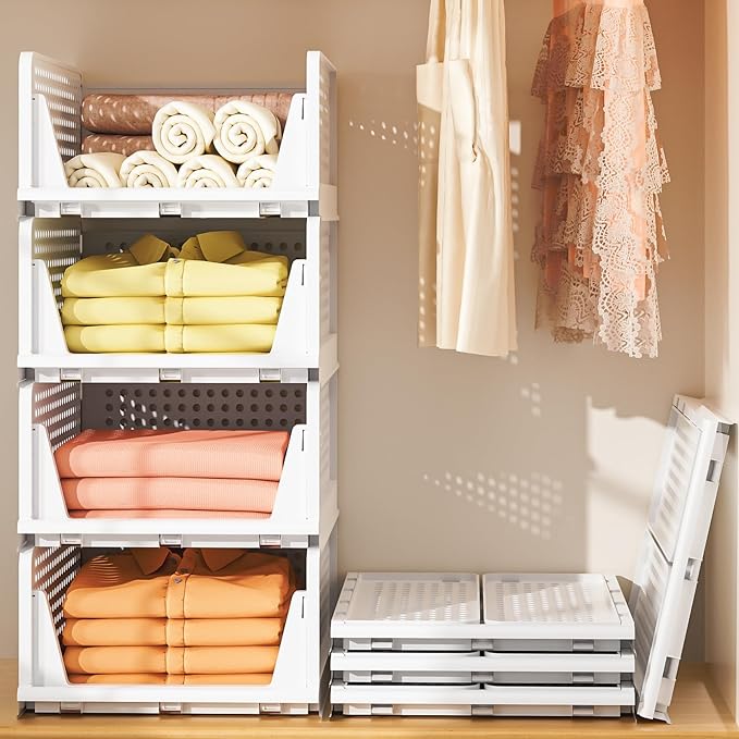 Neprock Stackable Plastic Storage Drawers for Closet Organizers and Storage,4 Pack Open Storage Bins Closet Shelf Clothes Organizer for Closet Wardrobe(4L)