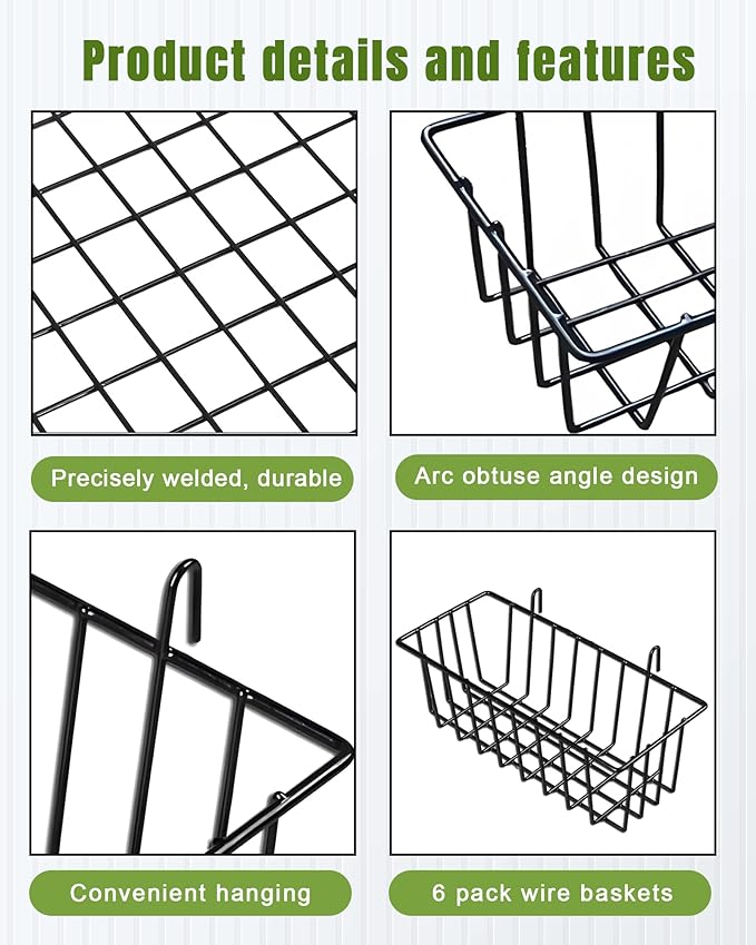 6 Pack Wire Baskets, Grid Panel Hanging Wall Basket, Grid Wall Accessory, Display and Storage Wall Basket for Kitchen, Home Decor, Potted Plants