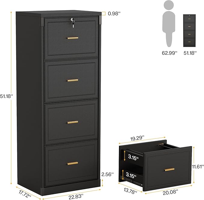 Tribesigns 4-Drawer File Cabinet with Lock, Locked File Cabinet with Key, Tall Wooden Filing Cabinets for Home Office, Vertical Office Storage for Legal Size/Letter/A4/Files, Black