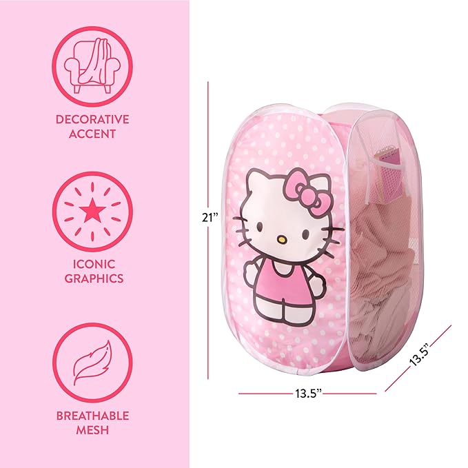 Sanrio Hello Kitty Pop-Up Hamper,Collapsible Laundry Basket with Durable Handles,Lightweight Storage Bin for Kids' Bedroom, Nursery, or Playroom,Pink