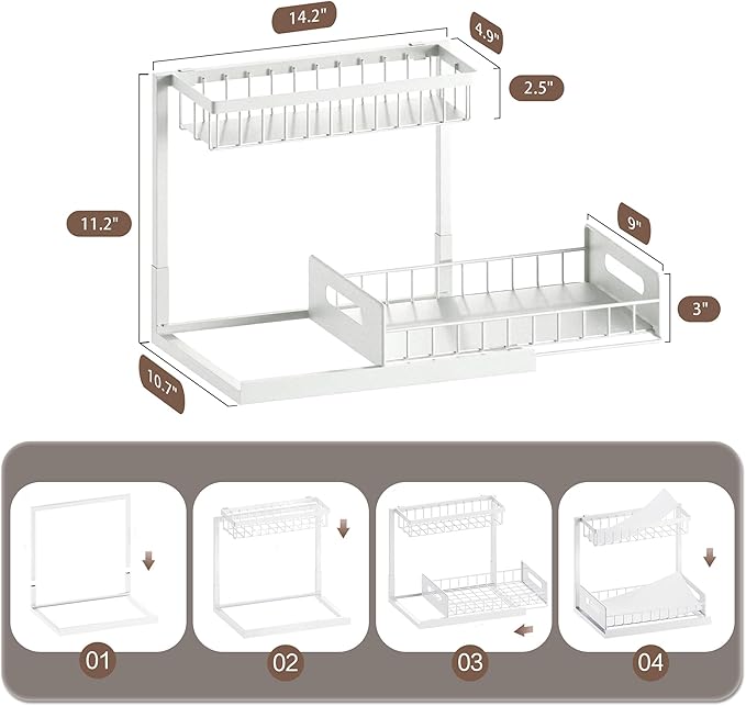 VUSIGN 2 Tier Under Sink Organizer, Slide Out Pull Out Cabinet Organizer, Cabinet Kitchen Bathroom Storage Organization Shelf, 2 Pack, White