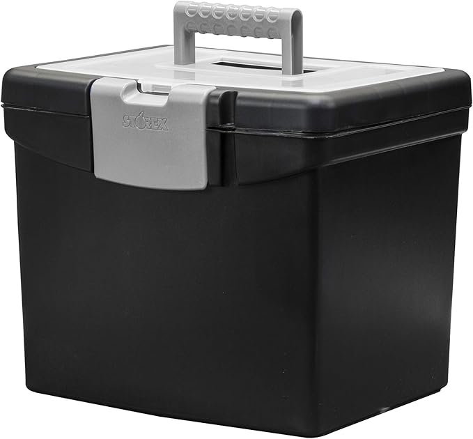 Storex Portable File Box with Organizer Lid – Plastic Office File Storage Box for Letter Paper and Hanging Folders, Obsidian, 1-Count (61504C01C)