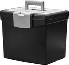 Storex Portable File Box with Organizer Lid – Plastic Office File Storage Box for Letter Paper and Hanging Folders, Obsidian, 1-Count (61504C01C)