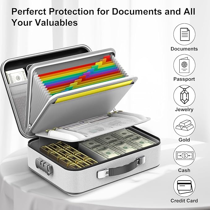 COLCASE Fireproof Document Box, Hard Case Fireproof File Organizer with Lock Hard-Shell Design Fireproof Water Resistant Safe Box for Important Documents Certificates Laptop Passports Gray