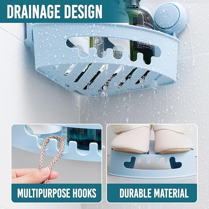 TAILI Suction Corner Shower Caddy, Bathroom Shelf Storage Basket Wall Mounted Organizer for Shampoo, Conditioner, Plastic Rack for Kitchen and Bathroom, Drill-Free Removable -BLUE