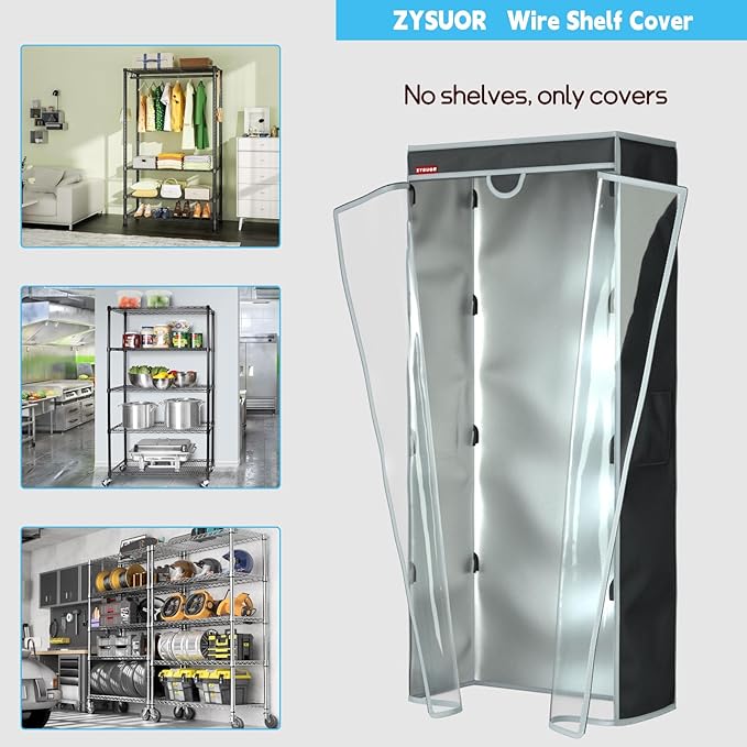 Storage Shelving Cover 48"x20"x72" – Sunproof Waterproof Dustproof Shelf Cover, Clear PVC Front & T-Zipper for Storage Rack & Garment Rack (No Shelves,Black)