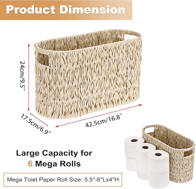 Sumnacon Toilet Paper Storage Basket Freestanding, Woven Toilet Paper Holder Stand with Handle, Decorative Narrow Bathroom Baskets Sturdy Plastic Organizer Bin for Tissue Rolls, Toiletries, Towels