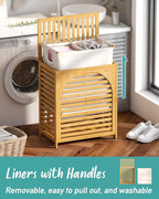 Laundry Hamper with Lid, 27.3 Gallon (103L) Bamboo Wood Clothes Laundry Basket with Lid and Handles, Removable Liner