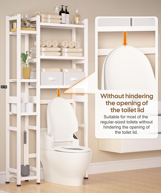 Homde Over The Toilet Storage with Basket and Drawer, Bamboo Bathroom Organizer with Adjustable Shelf & Waterproof Feet Pad, Space Saver Rack for Restroom, Laundry,White