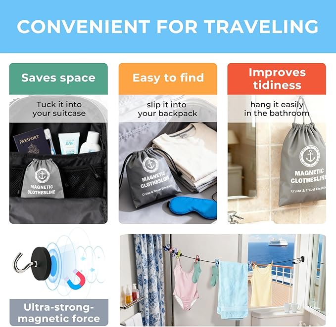 Magnetic Travel Clothesline - Cruise Ship Essentials & Must Haves 2026 - Stretches to 12ft Retractable Laundry Drying Line with Non-Scratch Magnetic Hooks, Positioning Beads & 12 Anti-Slip Clips