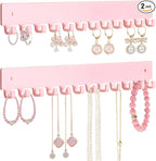 Acrylic Necklace Holder 2 Pack Wall Mounted Necklace Organizer Hanging Jewelry Organizer with 12 Hooks for Necklaces, Bracelets, Rings and Bangles Display Pink