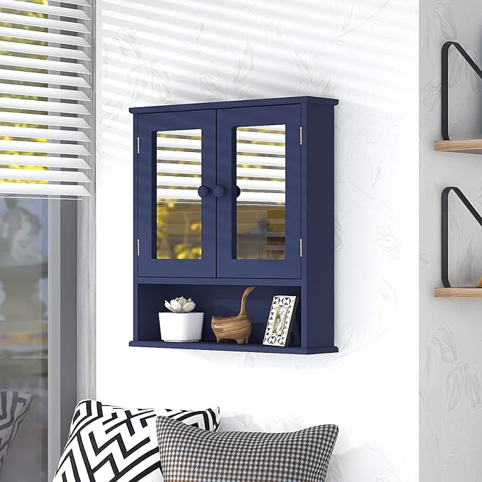 TaoHFE Blue Medicine Cabinet with Mirror, 2 Doors & 3 Open Shelves - Wall Mounted Wooden Storage Cabinet for Bathroom, Laundry or Kitchen